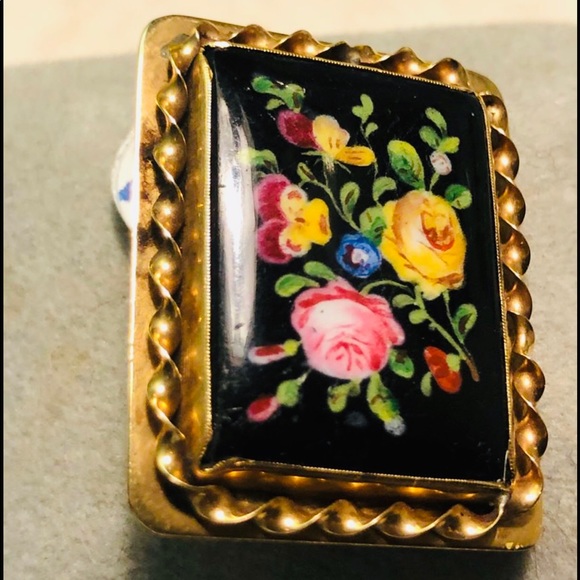 Antique Victorian Handpainted flower cameo ornate Black onyx 10k gold brooch - Picture 7 of 13